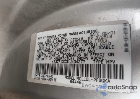 2001 Toyota Sienna Le z USA, uszkodzony, nr VIN 4T3ZF13C31U404277